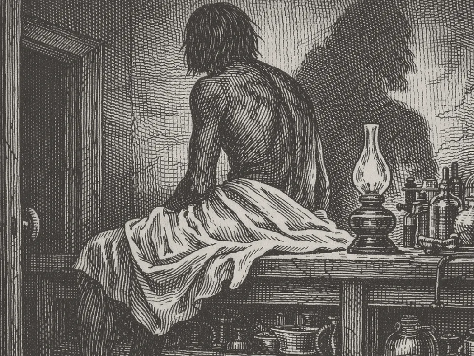Engraving: a figure sits up on a laboratory bench beside an oil lamp, its back to us, a sheet around its waist.
